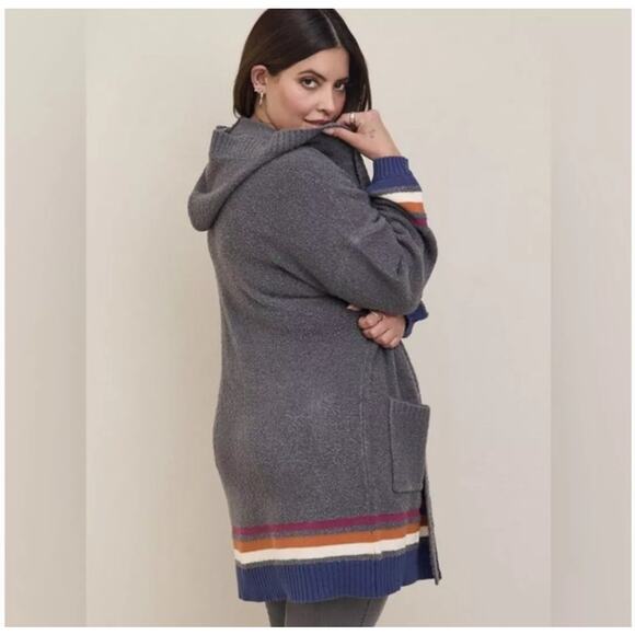 Torrid Boho Cardigan Womens Size 1X Gray Striped Chunky Knit Hooded Sweater - Picture 5 of 10